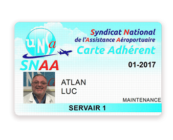 Membership card for UNSA Servair union (front) printed with Badgy